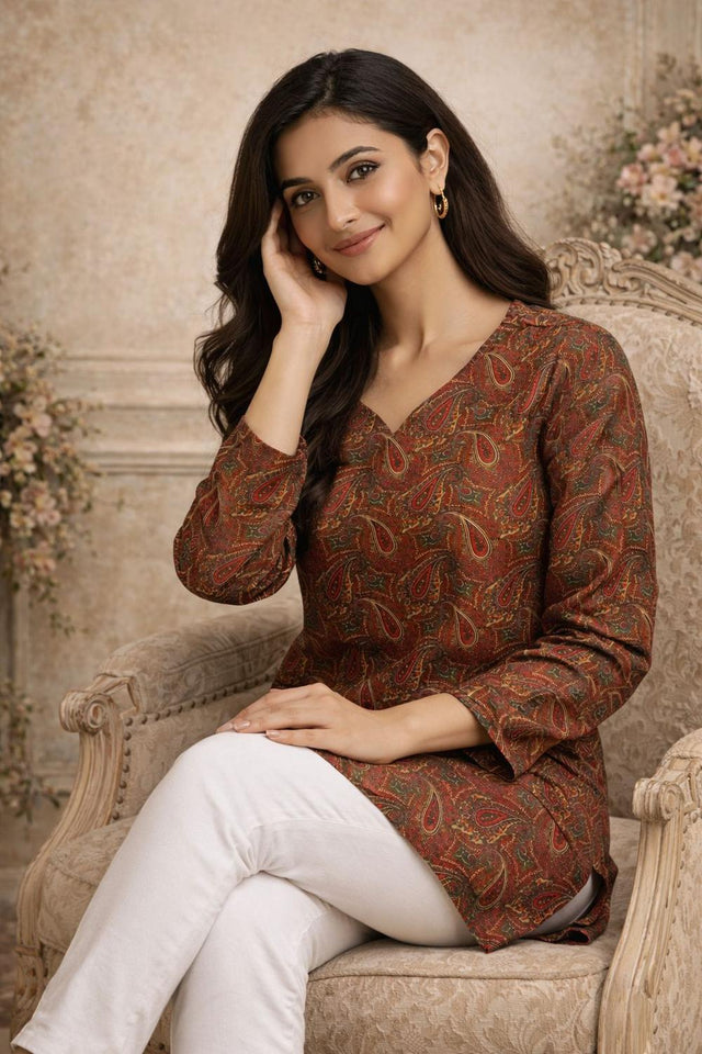 Brown Printed Muslin Short Kurti (ACA5679)