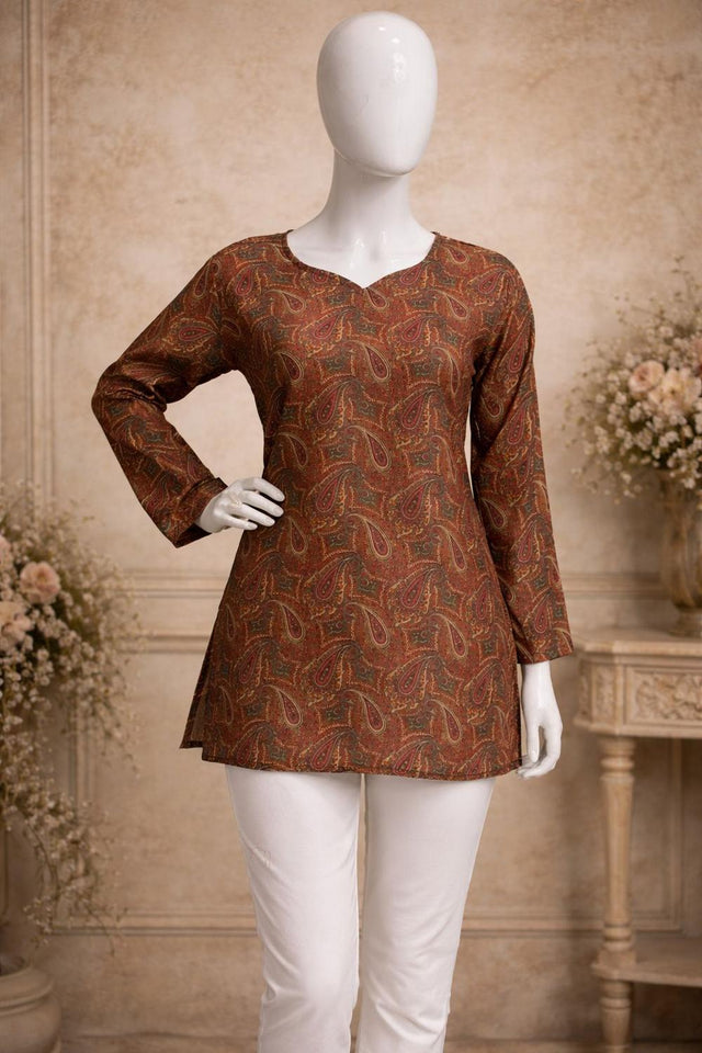 Brown Printed Muslin Short Kurti (ACA5679)