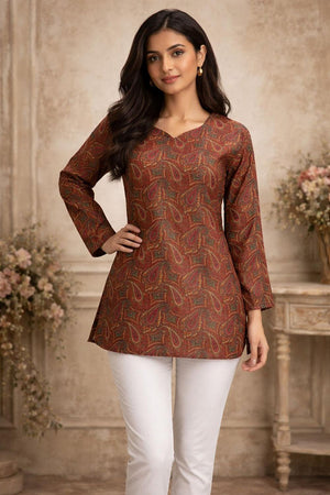 Brown Printed Muslin Short Kurti (ACA5679)