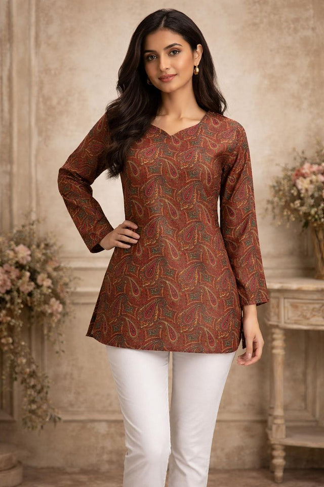 Brown Printed Muslin Short Kurti (ACA5679)