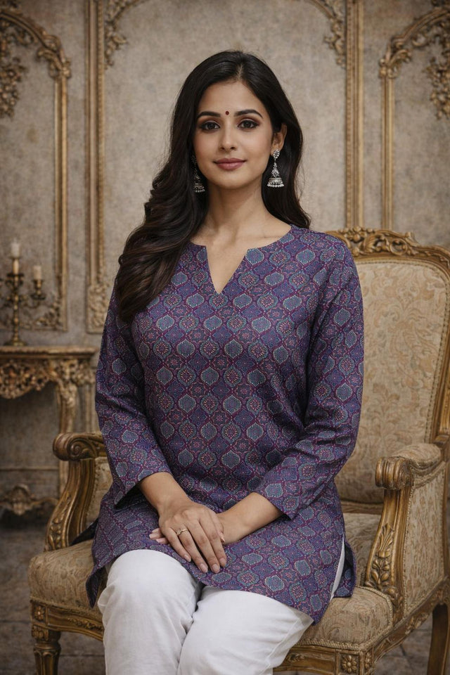 Violet Printed Muslin Short Kurti (ACA5680)