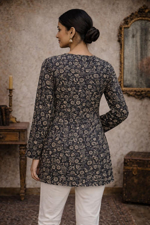 Black Floral Printed Muslin Short Kurti (ACA5681)