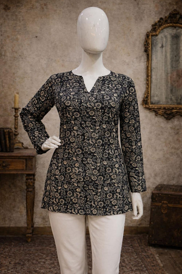 Black Floral Printed Muslin Short Kurti (ACA5681)
