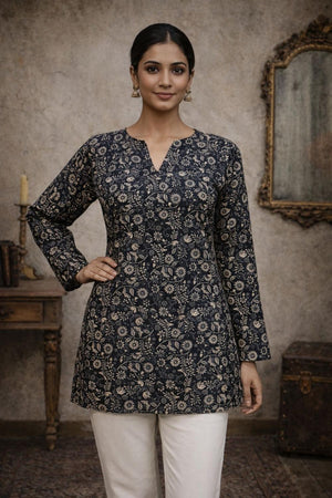 Black Floral Printed Muslin Short Kurti (ACA5681)