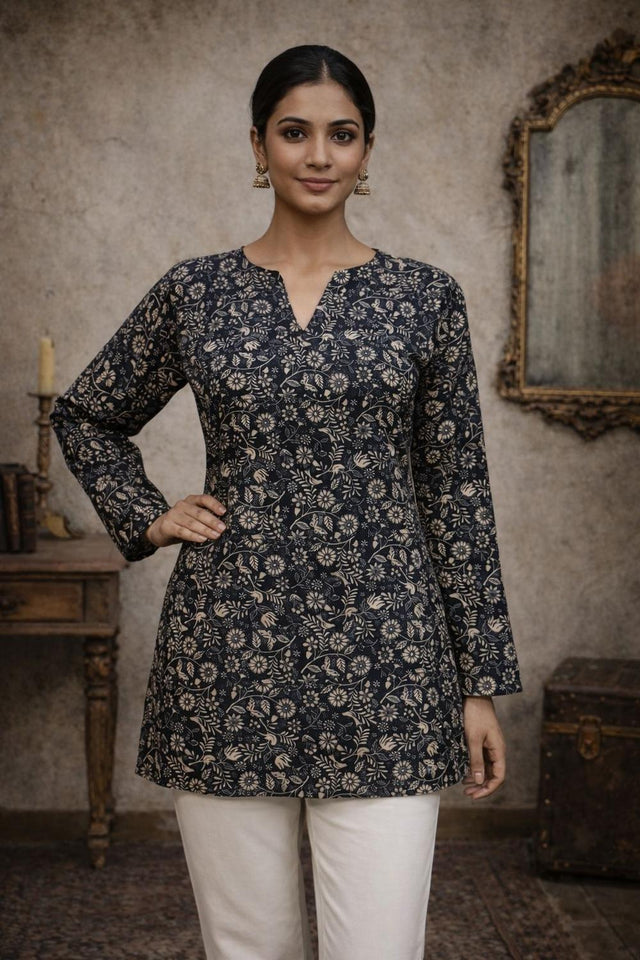Black Floral Printed Muslin Short Kurti (ACA5681)