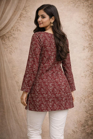 Maroon Floral Printed Muslin Short Kurti (ACA5682)