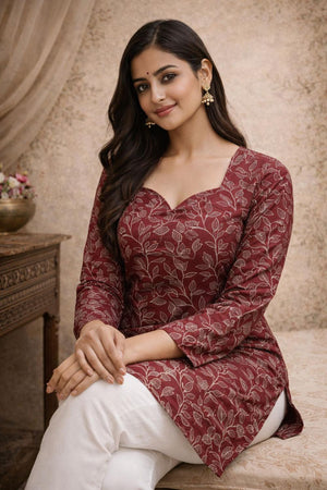 Maroon Floral Printed Muslin Short Kurti (ACA5682)