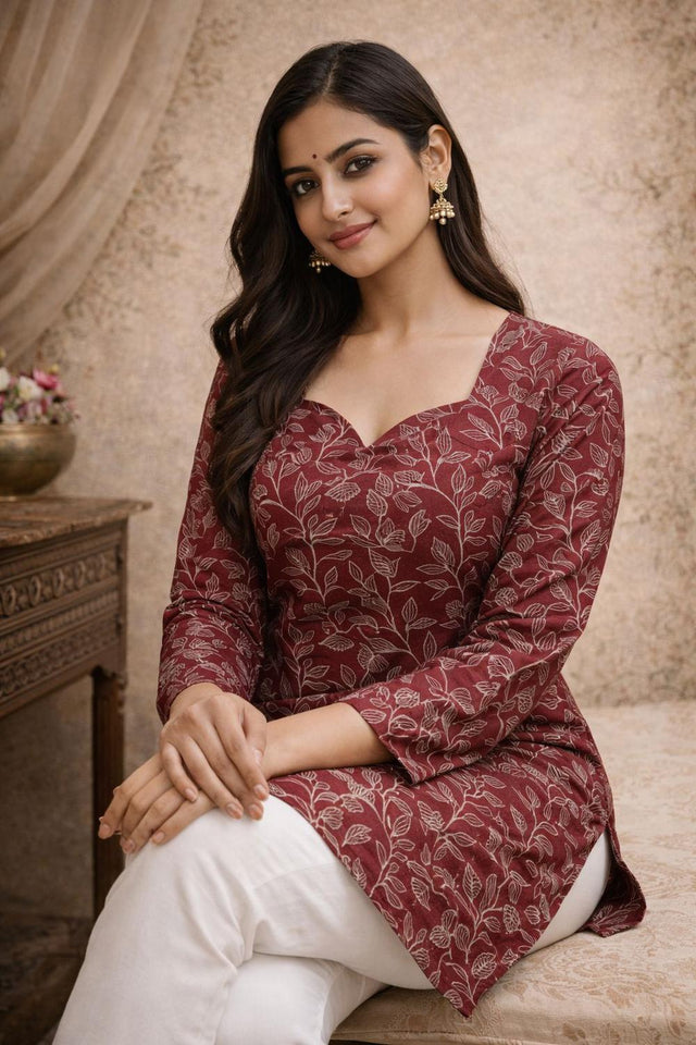 Maroon Floral Printed Muslin Short Kurti (ACA5682)