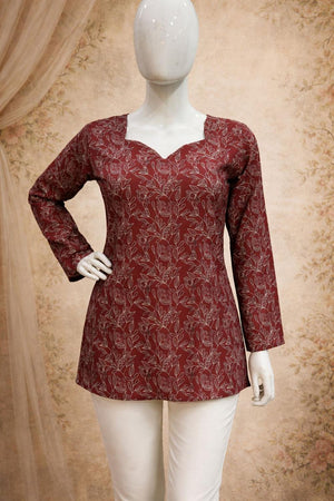 Maroon Floral Printed Muslin Short Kurti (ACA5682)
