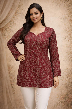 Maroon Floral Printed Muslin Short Kurti (ACA5682)