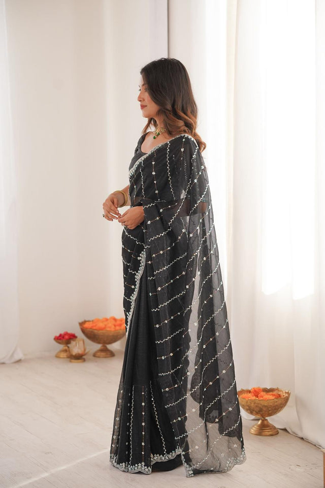 Black Sequin Net Saree