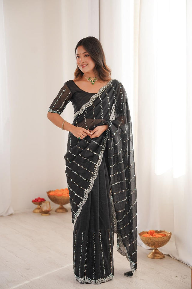Black Sequin Net Saree