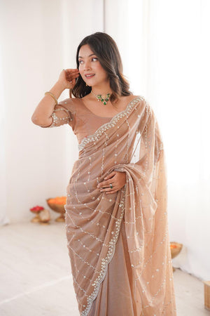 Beige Sequin Net Saree