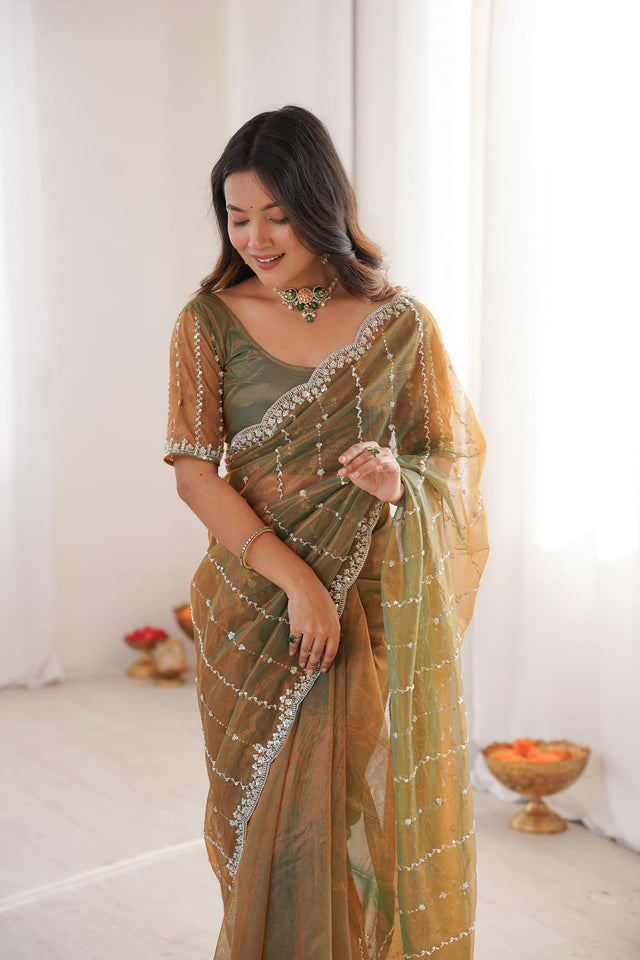 Gold Sequin Net Saree