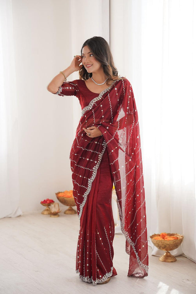 Maroon Sequin Net Saree