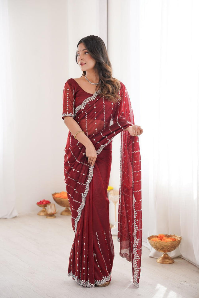 Maroon Sequin Net Saree