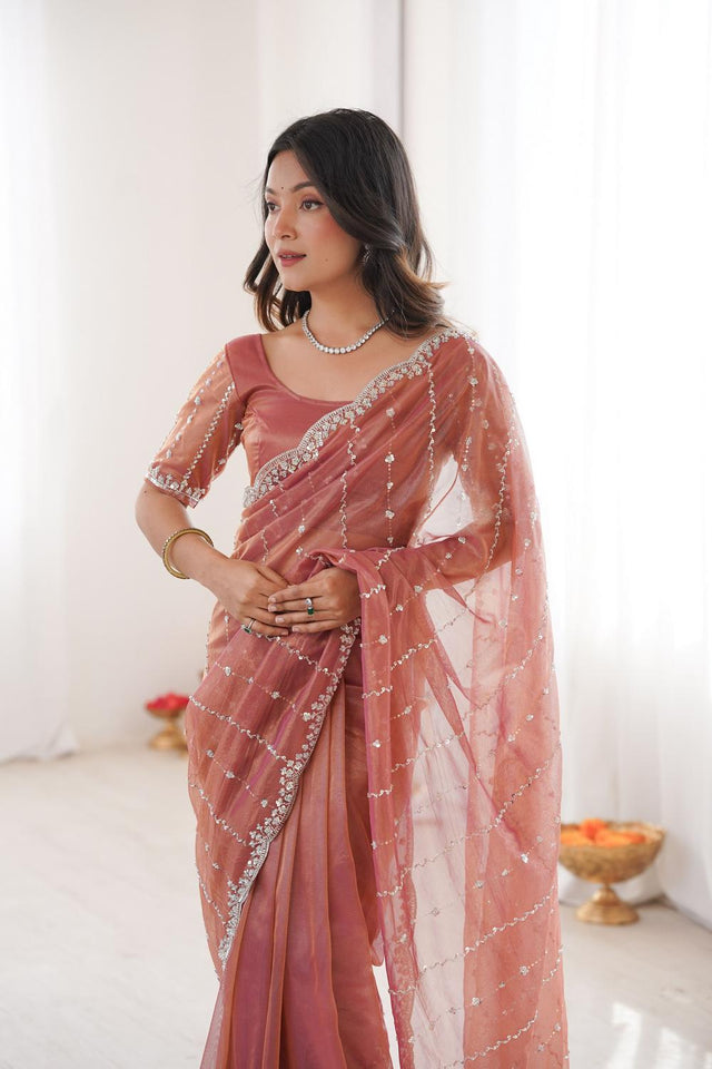 Peach Sequin Net Saree