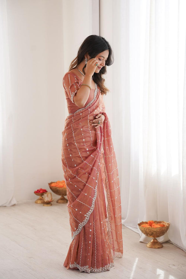 Peach Sequin Net Saree