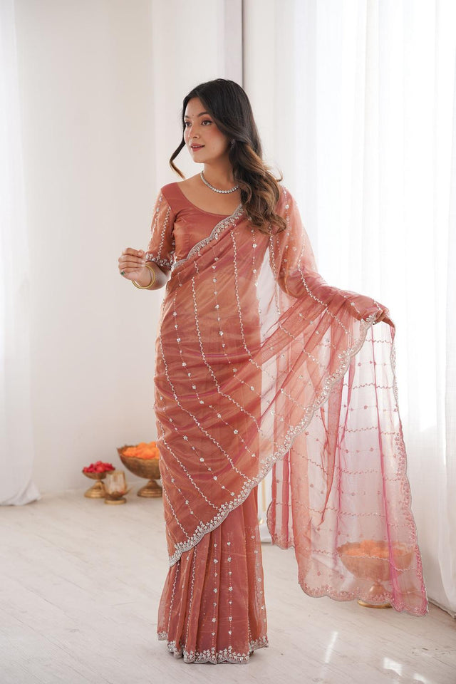 Peach Sequin Net Saree