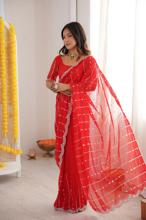 Red Sequin Net Saree