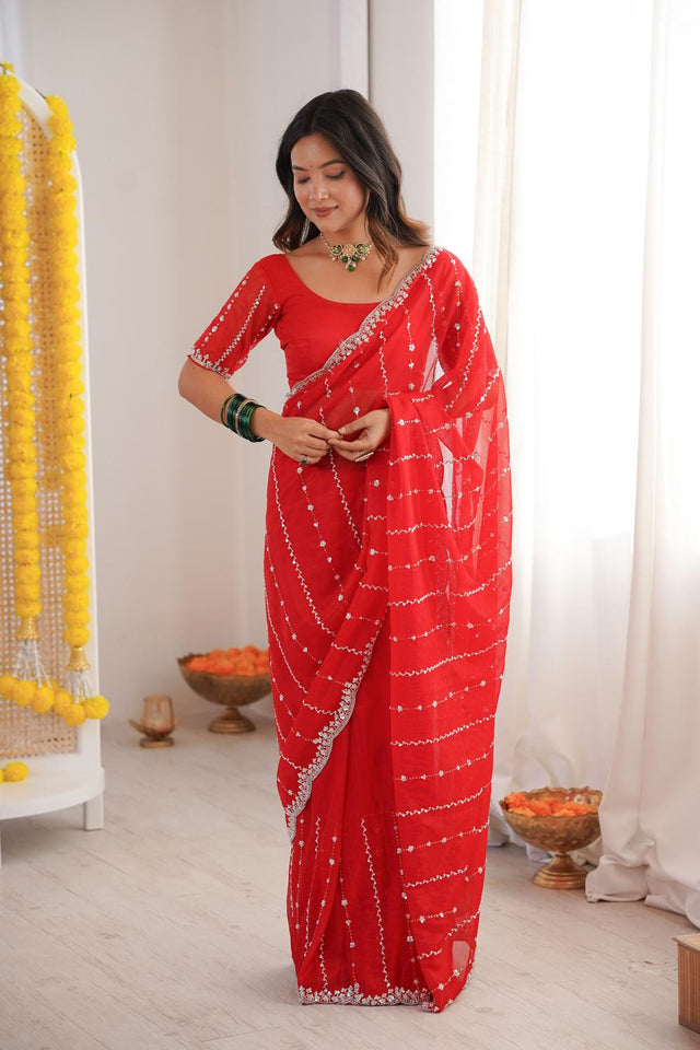 Red Sequin Net Saree