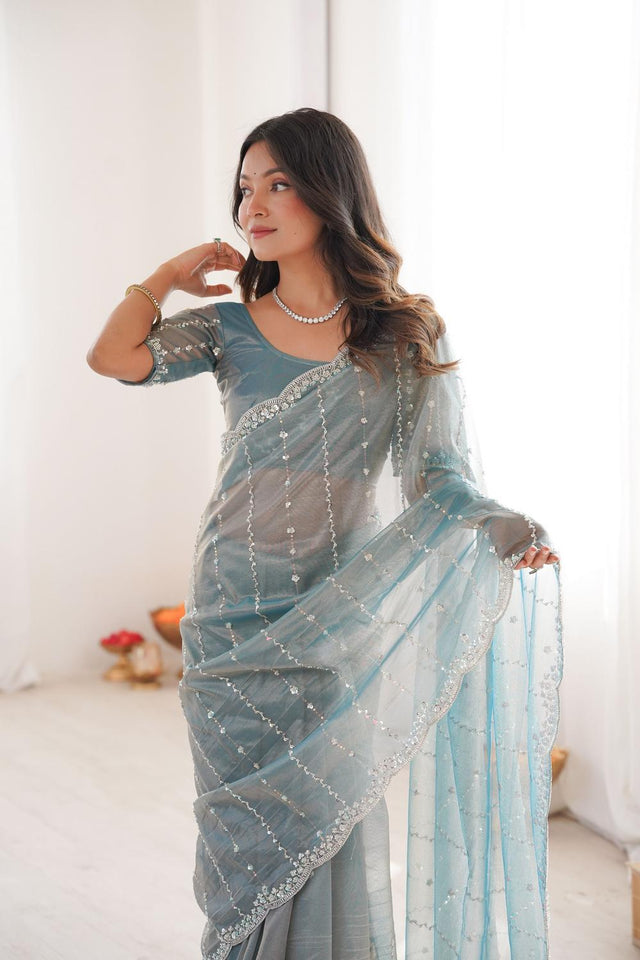 Blue Sequin Net Saree