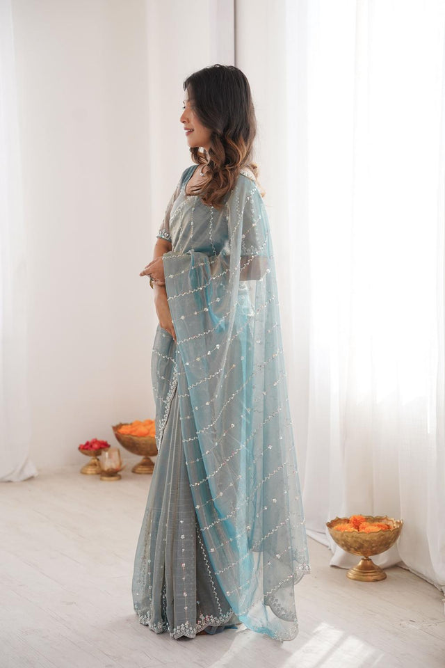 Blue Sequin Net Saree