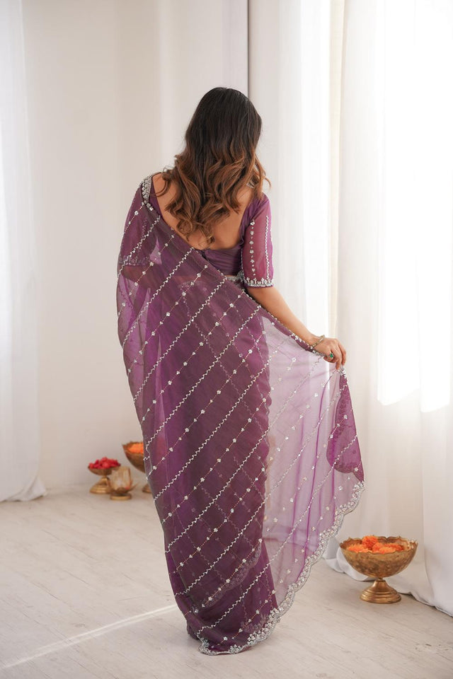 Wine Sequin Net Saree