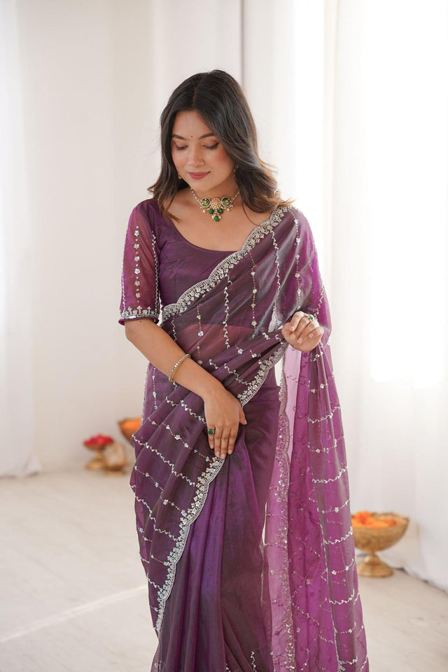 Wine Sequin Net Saree