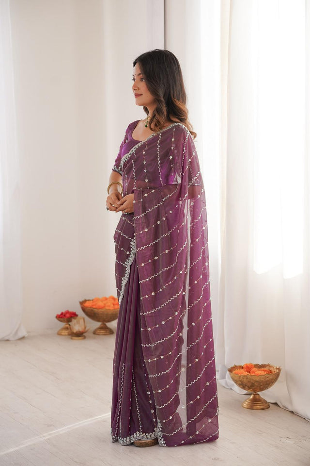 Wine Sequin Net Saree