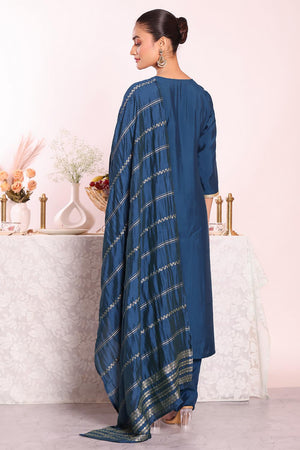 Turquoise Embroidered Silk Kurti Pant Set (ACA5691)