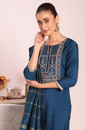 Turquoise Embroidered Silk Kurti Pant Set (ACA5691)