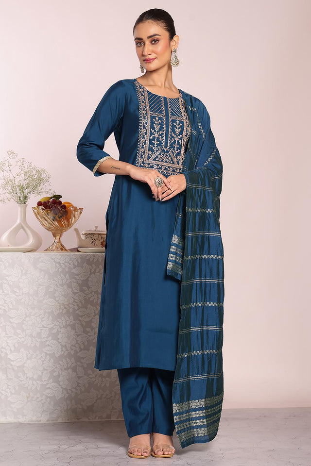 Turquoise Embroidered Silk Kurti Pant Set (ACA5691)