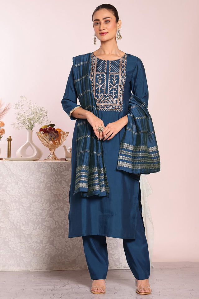 Turquoise Embroidered Silk Kurti Pant Set (ACA5691)