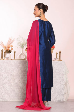 Blue Embroidered Silk Kurti Pant Set (ACA5692)