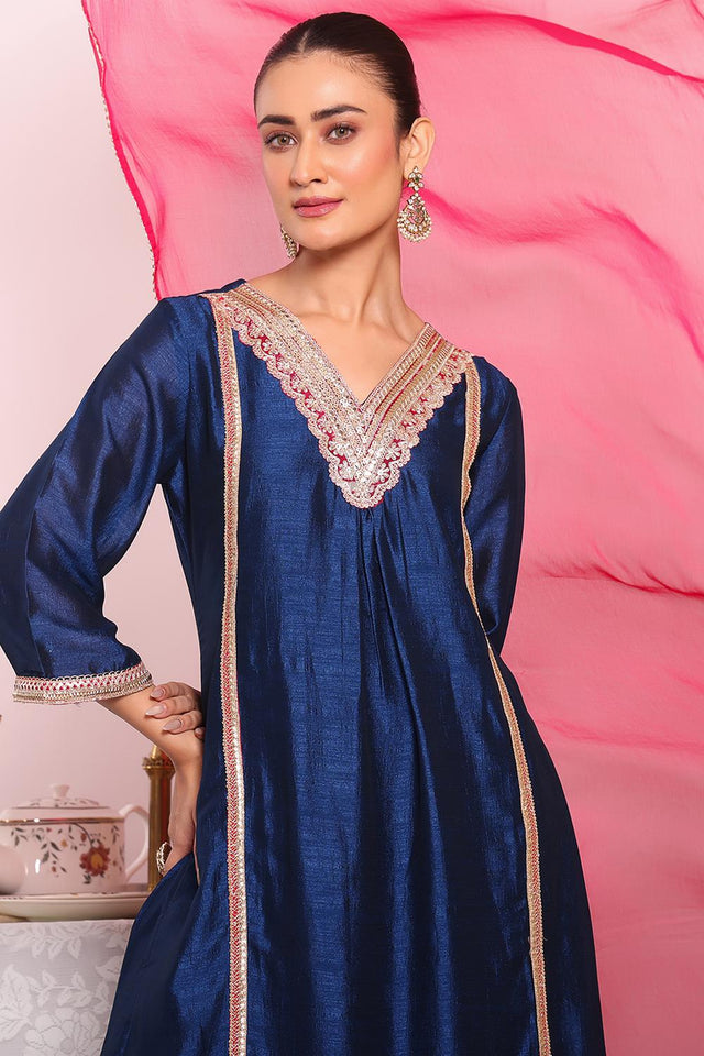 Blue Embroidered Silk Kurti Pant Set (ACA5692)