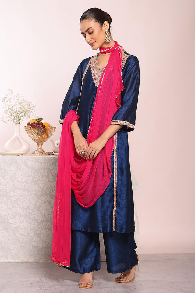 Blue Embroidered Silk Kurti Pant Set (ACA5692)