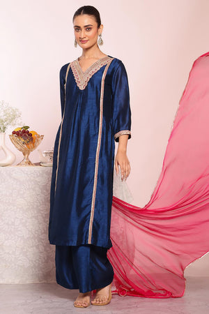 Blue Embroidered Silk Kurti Pant Set (ACA5692)