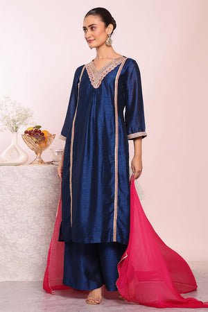 Blue Embroidered Silk Kurti Pant Set (ACA5692)