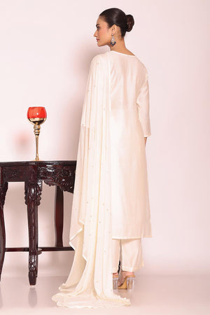 Off White Sequin with Embroidered Silk Kurti Pant Set (ACA5693)