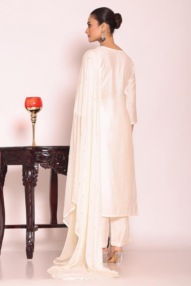 Off White Sequin with Embroidered Silk Kurti Pant Set (ACA5693)
