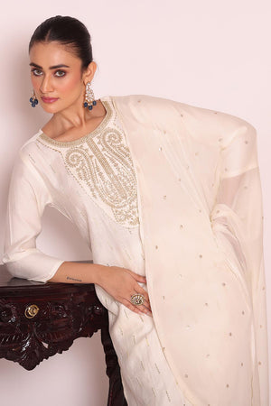 Off White Sequin with Embroidered Silk Kurti Pant Set (ACA5693)