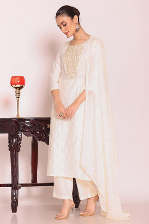 Off White Sequin with Embroidered Silk Kurti Pant Set (ACA5693)