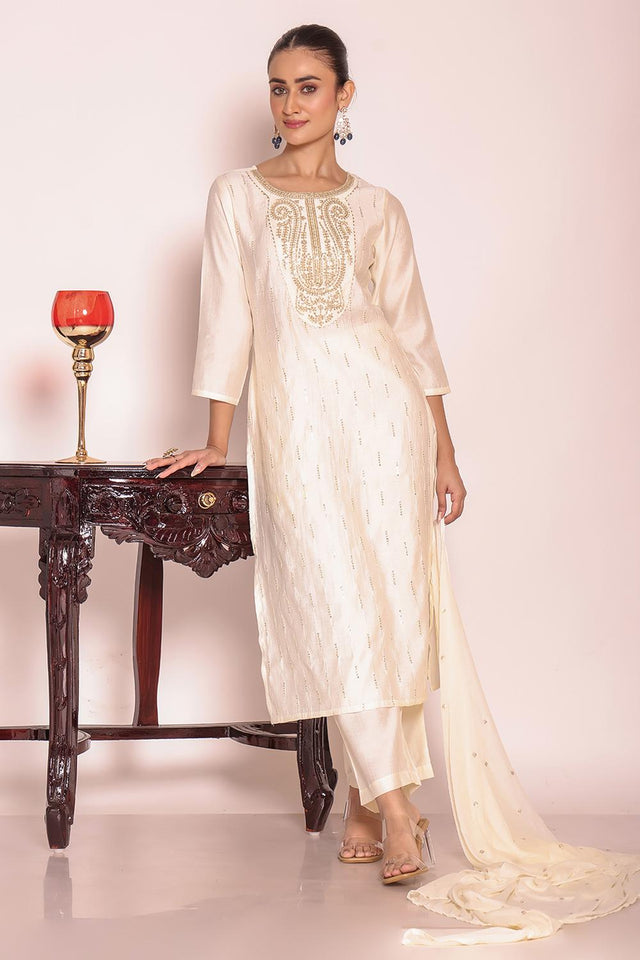 Off White Sequin with Embroidered Silk Kurti Pant Set (ACA5693)