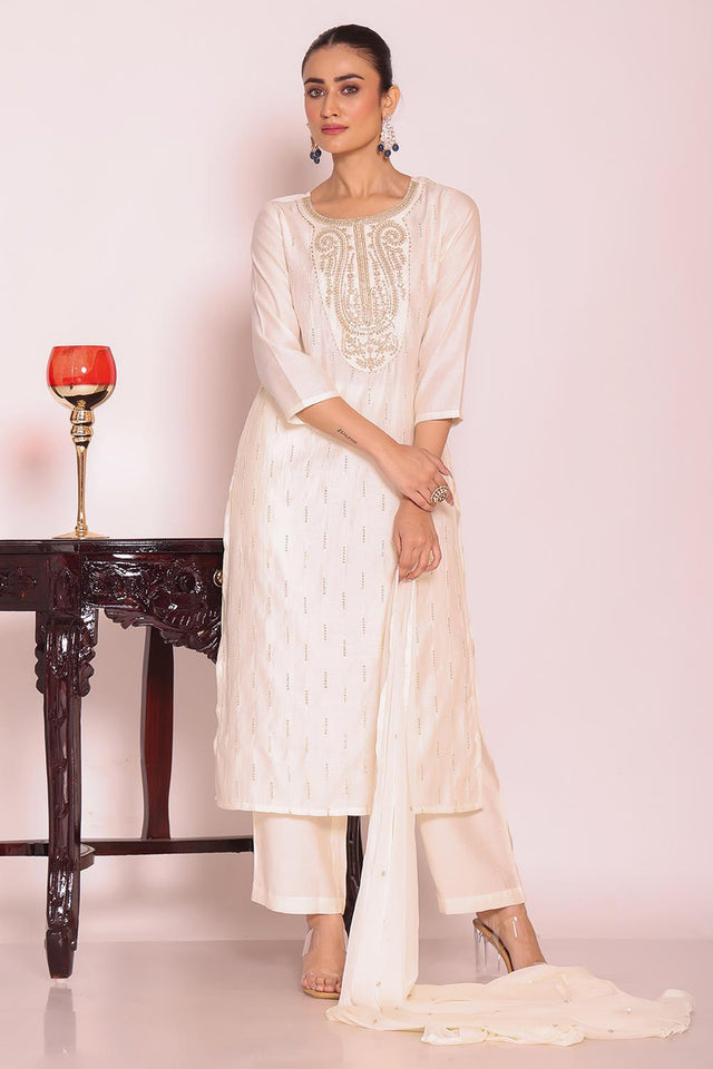 Off White Sequin with Embroidered Silk Kurti Pant Set (ACA5693)