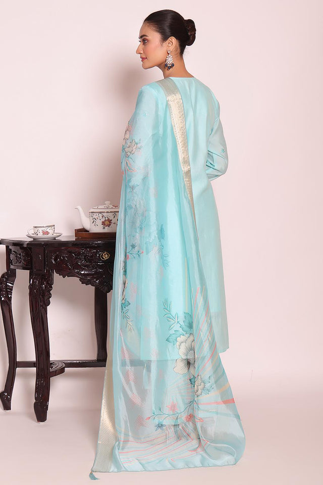 Sea Green Sequin with Embroidered Silk Kurti Pant Set (ACA5694)