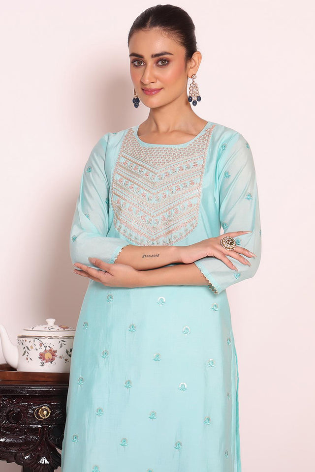 Sea Green Sequin with Embroidered Silk Kurti Pant Set (ACA5694)