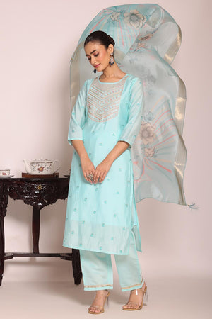 Sea Green Sequin with Embroidered Silk Kurti Pant Set (ACA5694)