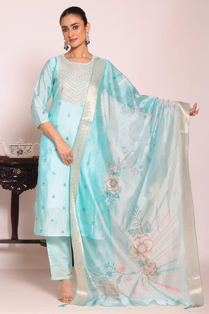 Sea Green Sequin with Embroidered Silk Kurti Pant Set (ACA5694)