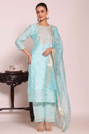 Sea Green Sequin with Embroidered Silk Kurti Pant Set (ACA5694)